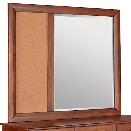 Beveled Mirror with Corkboard and Wood Frame